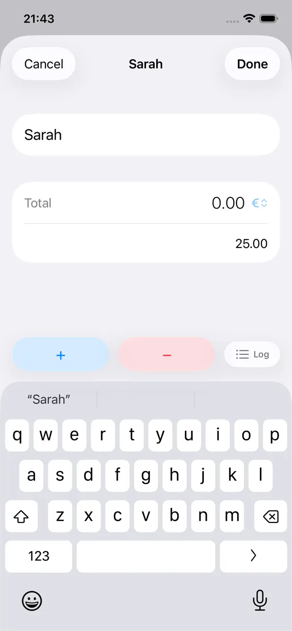 Cash Log Basic screenshot: creating a new entry for a person