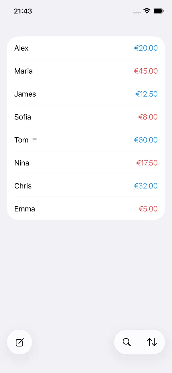 Cash Log Basic screenshot: a list of people with the amounts they owe or are owed
