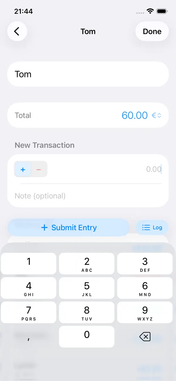 Cash Log Basic screenshot: a person's entry with a new transaction being added and the Log button active